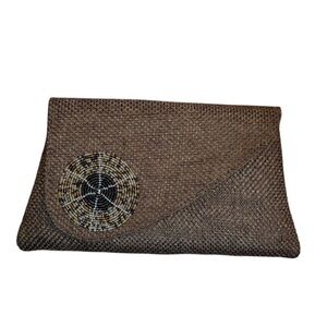 Vintage Beaded Woven Jute Natural Fiber Snap Closure Asymmetrical Clutch Handbag